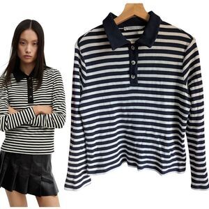 Organic Cotton Striped Black and White Polo Long Sleeve Waffle T Shirt M